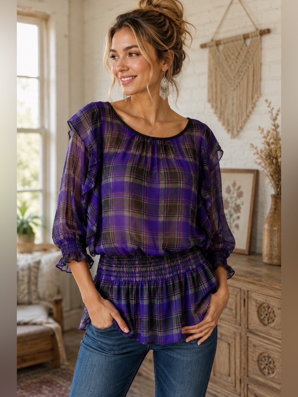 Candie’s Purple Plaid Sheer Ruffle Blouse Smocked Waist Top Size M